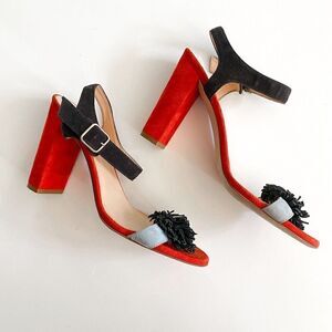 J. Crew Colorblock Sandals With Pom-poms Womens 8 Made In Italy Block Heel Suede